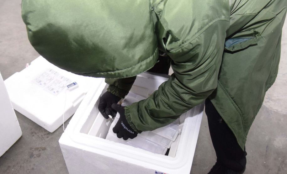 As 344.210 doses da vacina contra a Covid-19 referentes à 56ª pauta de distribuição do Ministério da Saúde chegaram ao Paraná nesta terça-feira (5). Foto: Américo Antonio/SESA