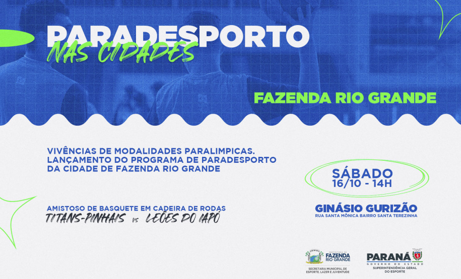 O projeto Paradesporto nas Cidades terá seu início marcado neste sábado (16), às 14h, em Fazenda Rio Grande. O local é o Ginásio Gurizão, que receberá uma ação especial: o amistoso entre os Titans (Pinhais) e o Leões do Iapó (Castro), do basquete em cadeira de rodas. A ação será em parceria com a Secretaria de Esportes e Juventude de Fazenda Rio Grande.  -  Curitiba, 14/10/2021 - Foto/Arte: Paradesporto nas Cidades