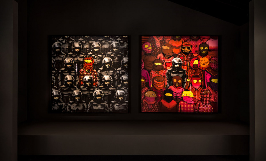 Uma obra feita em parceria entre os artistas OSGEMEOS e o britânico Banksy, em 2013, faz parte da exposição ?OSGEMEOS: Segredos?, em cartaz no Museu Oscar Niemeyer (MON) até 3 de abril de 2022. Este é o primeiro trabalho de Banksy mostrado no Brasil. - Curitiba, 18/10/2021 - Foto: Eduardo Macarios