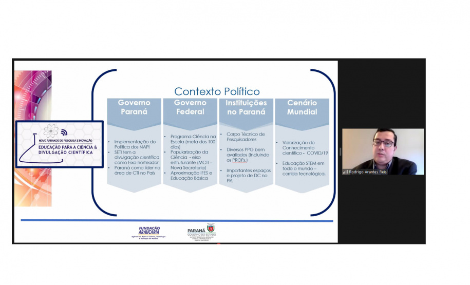 Com o objetivo de fortalecer a interação entre as instituições de ensino superior do Paraná e a sociedade através do desenvolvimento de diferentes estratégias e projetos de educação e divulgação da ciência, foi lançado nesta segunda-feira (18) o Novo Arranjo de Pesquisa e Inovação (NAPI) Educação para a Ciência e Divulgação Científica. - Curitiba, 18/10/2021 - Foto: Fundação Araucária