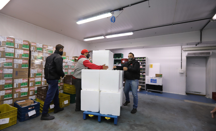 Um novo carregamento com 318.240 doses de vacinas contra a Covid-19 chega no Centro de Medicamentos do Paraná (Cemepar), em Curitiba, na noite desta terça-feira (19).   Desse total, 228.150 doses  Pfizer/BioNTech  são exclusivas para a população de 12 a 17 anos, sem comorbidades ou pertencentes a grupos prioritários.Foto: Geraldo Bubniak/AEN