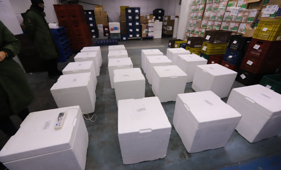 Um novo carregamento com 318.240 doses de vacinas contra a Covid-19 chega no Centro de Medicamentos do Paraná (Cemepar), em Curitiba, na noite desta terça-feira (19).   Desse total, 228.150 doses  Pfizer/BioNTech  são exclusivas para a população de 12 a 17 anos, sem comorbidades ou pertencentes a grupos prioritários.Foto: Geraldo Bubniak/AEN