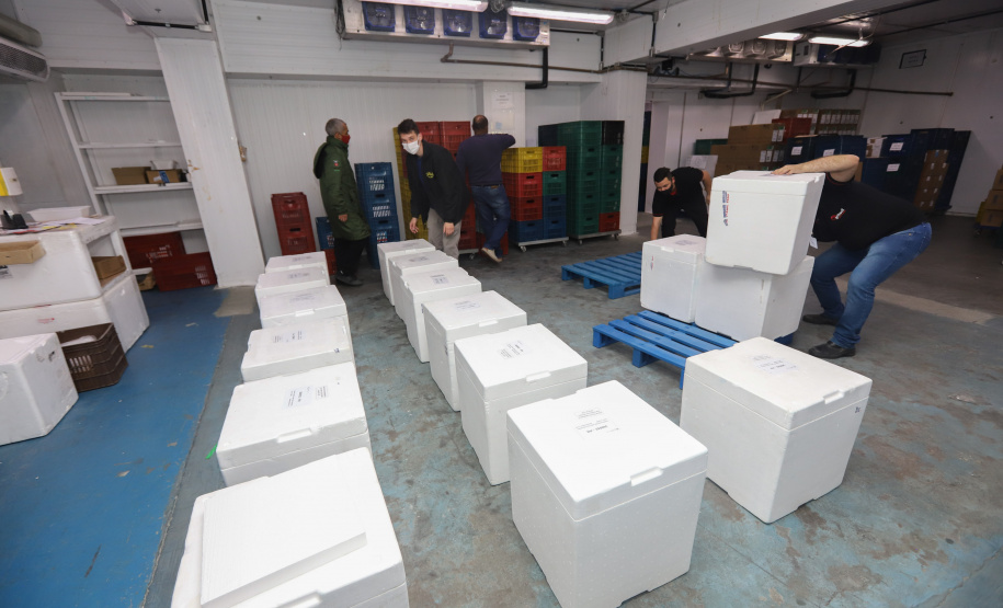 Um novo carregamento  555.750 imunizantes da Pfizer/BioNTech   contra a Covid-19 chegam no Centro de Medicamentos do Paraná (Cemepar), em Curitiba, na nesta sexta-feira (22).  Foto: Geraldo Bubniak/AEN