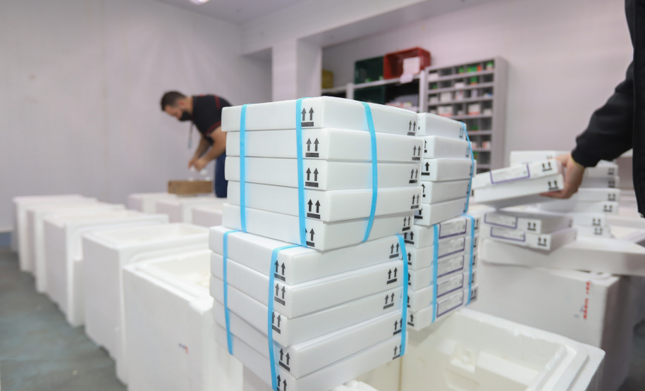 Um novo carregamento  555.750 imunizantes da Pfizer/BioNTech   contra a Covid-19 chegam no Centro de Medicamentos do Paraná (Cemepar), em Curitiba, na nesta sexta-feira (22).  Foto: Geraldo Bubniak/AEN