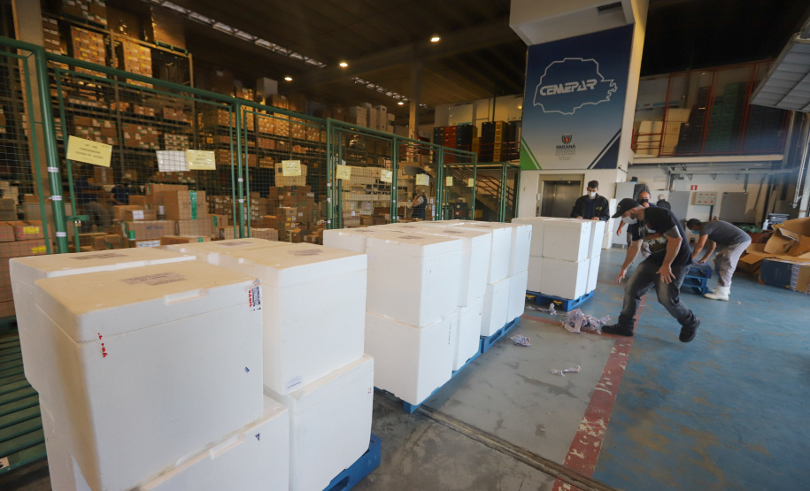 Um novo carregamento  555.750 imunizantes da Pfizer/BioNTech   contra a Covid-19 chegam no Centro de Medicamentos do Paraná (Cemepar), em Curitiba, na nesta sexta-feira (22).  Foto: Geraldo Bubniak/AEN