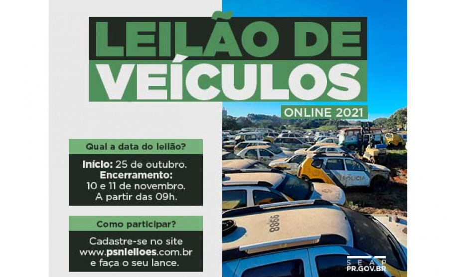 Leilão de veículos e sucatas oferta mais de 320 itens e vai até 11 de novembro.