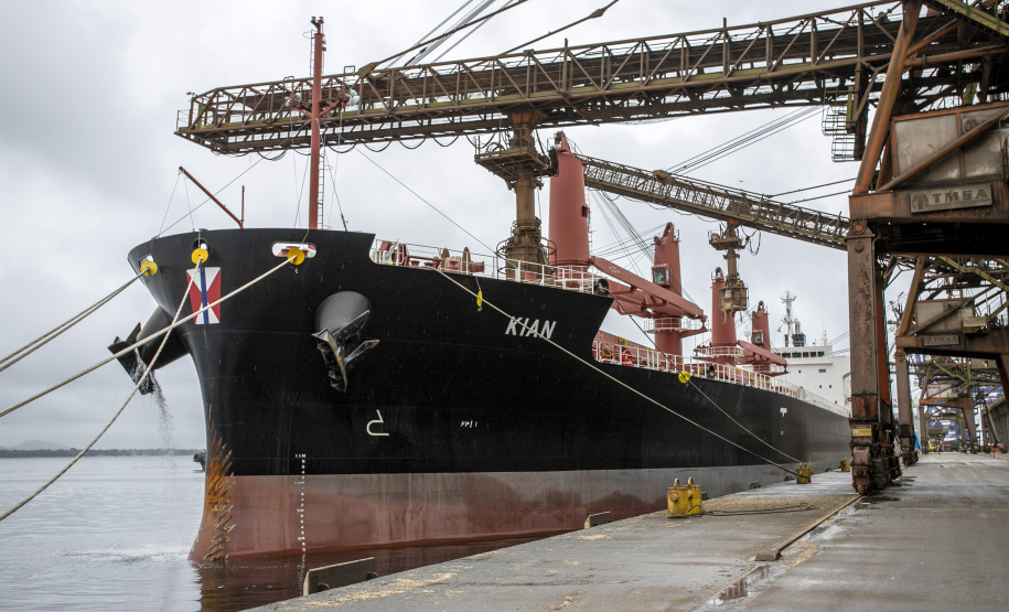 No Corredor de Exportação Leste do Porto de Paranaguá (Corex), duas operações em andamento chamam a atenção por fugirem da rotina do complexo portuário, pelo tipo de produto e modalidade de transporte adotado. A primeira pelo embarque de trigo para navegação interior (cabotagem). Outra, pelo sentido da carga e pela produtividade: 11 mil toneladas de milho de importação foram descarregadas em 24 horas. Foto: Claudio Neves/Portos do Paraná