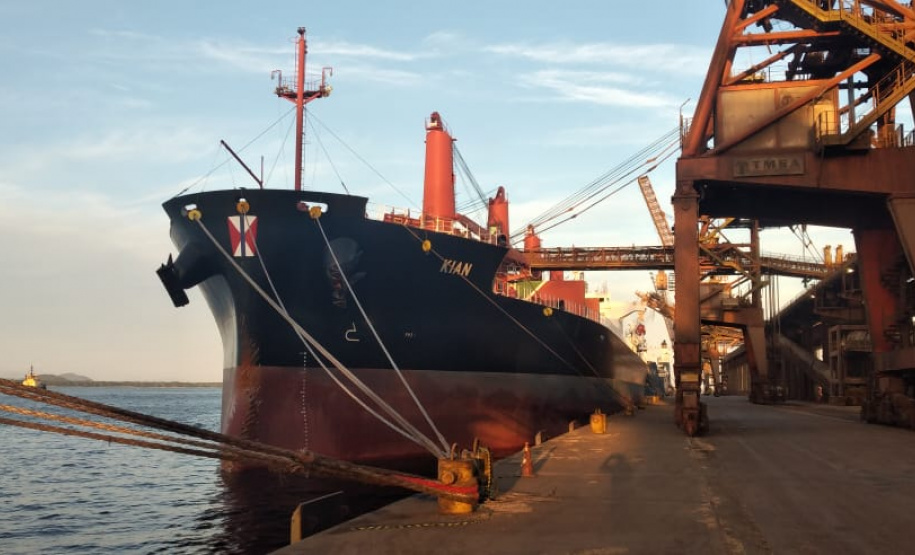 No Corredor de Exportação Leste do Porto de Paranaguá (Corex), duas operações em andamento chamam a atenção por fugirem da rotina do complexo portuário, pelo tipo de produto e modalidade de transporte adotado. A primeira pelo embarque de trigo para navegação interior (cabotagem). Outra, pelo sentido da carga e pela produtividade: 11 mil toneladas de milho de importação foram descarregadas em 24 horas. Foto: Portos do Paraná