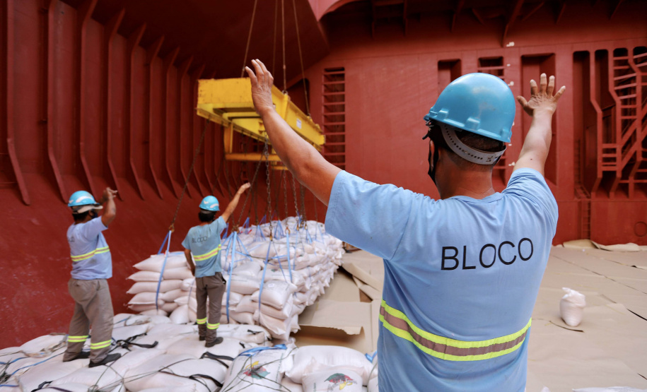 No berço 202 do Porto de Paranaguá, o navio Lady Lilly recebe uma carga inédita de gergelim em sacas. O produto nacional, que segue para exportação, é estivado direto nos cinco porões da embarcação. Em média, cada espaço vai levar cerca de 4 mil toneladas da semente, totalizando um embarque de 20 mil toneladas que têm como destino a Guatemala. - Paranaguá, 04/11/2021 - Foto: Cláudio Neves/Portos do Paraná