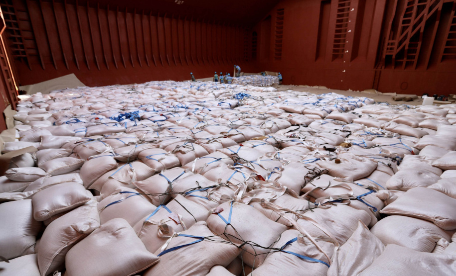 No berço 202 do Porto de Paranaguá, o navio Lady Lilly recebe uma carga inédita de gergelim em sacas. O produto nacional, que segue para exportação, é estivado direto nos cinco porões da embarcação. Em média, cada espaço vai levar cerca de 4 mil toneladas da semente, totalizando um embarque de 20 mil toneladas que têm como destino a Guatemala. - Paranaguá, 04/11/2021 - Foto: Cláudio Neves/Portos do Paraná