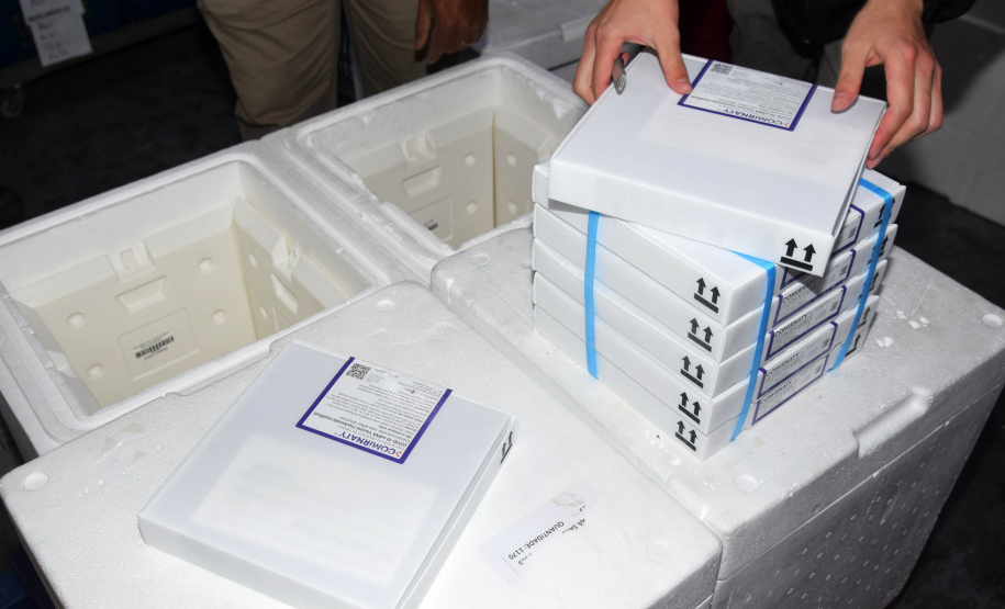 O Paraná recebeu nesta segunda-feira (8) mais 161.460 imunizantes da Pfizer/BioNTech. A nova remessa ainda aguarda a divulgação do informe técnico do Governo Federal e, por isso, ainda não tem público-alvo definido. - Curitiba, 08/11/2021 - Foto: Américo Antonio/SESA